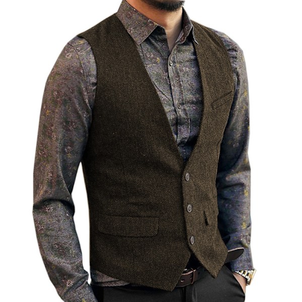 Herrar Herringbone Tweed Ylle Väst Enknäppt Slim Fit Väst Coffee M