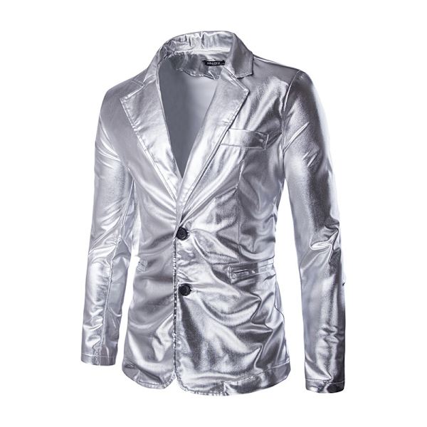Mænds Blazer med Spidset Lapel, 2 Knapper, Prom, Skinnende Sportsjakke Silver XL