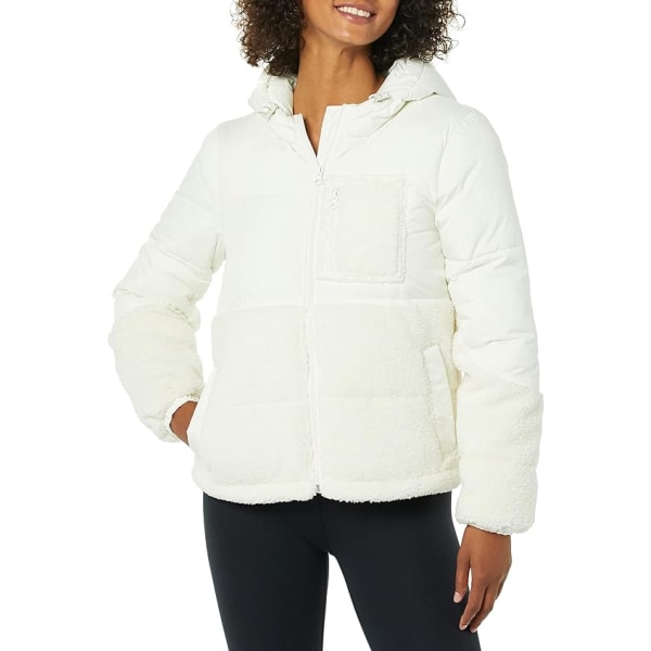 Vinterjakke for kvinner i sherpa-fleece med lappverk White M