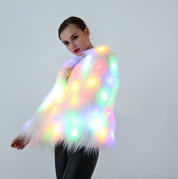 Lysende pelsjakke for kvinner Regnbue Glitrende LED Pelsjakke 2XL
