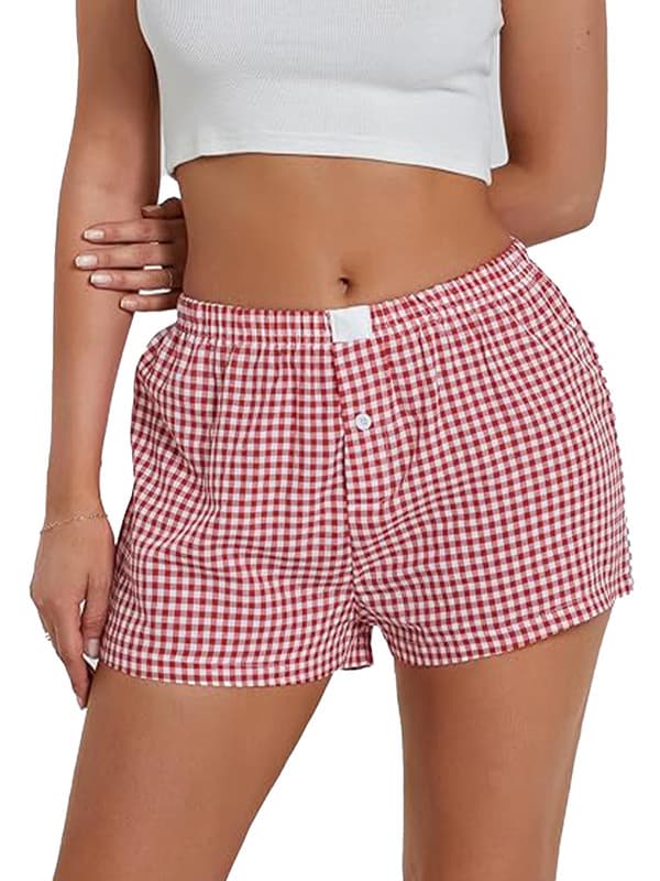 Dame Lounge Shorts Bløde Elastiske Lavtaljede Ternet Print Pyjamas Shorts Light Blue L