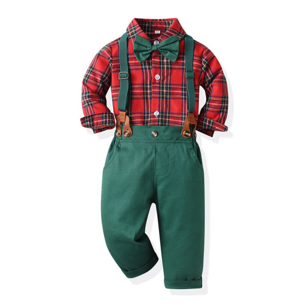 Pojkar Jul Långärmad fluga skjortor Barn Gentleman Kläder Set Green 140cm