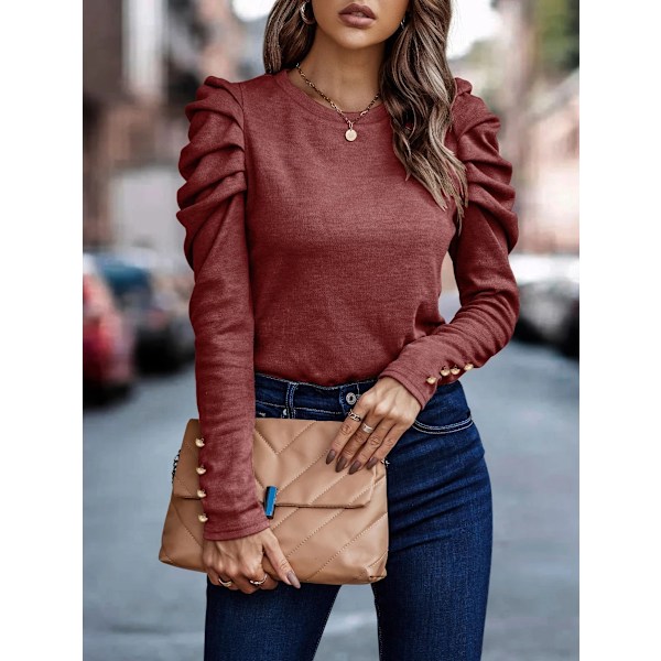 Kvinners Heldekkende Rundhals Puff Lang Erme Slim Fit Skjorte Topper Burgundy M