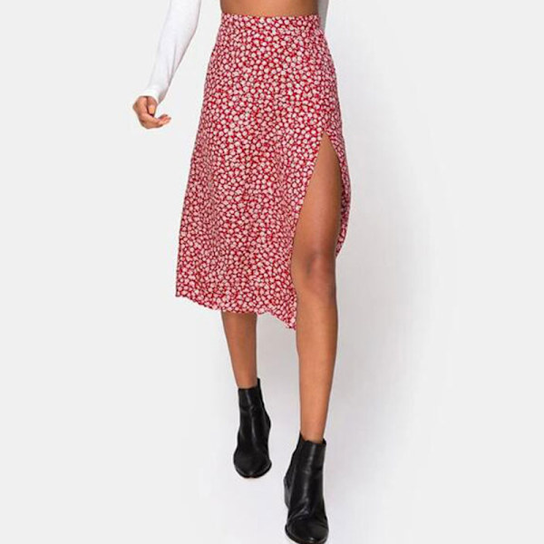Sommarflödande midikjolar med slits för damer, ledig blommig kjol med hög midja red and white M