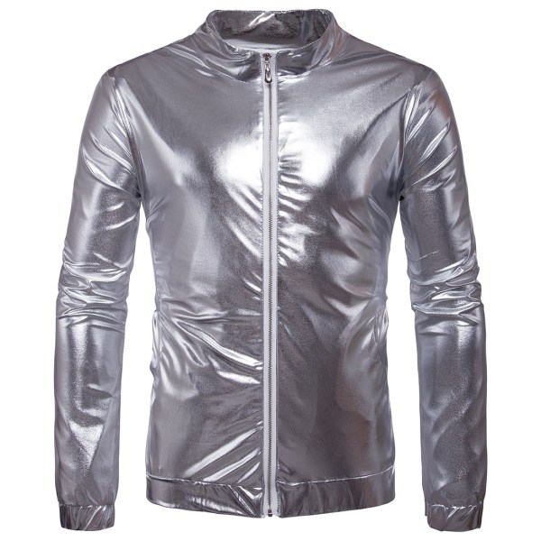 Herrar Stående Krage Zip Långärmad Sekvensjacka Silver S