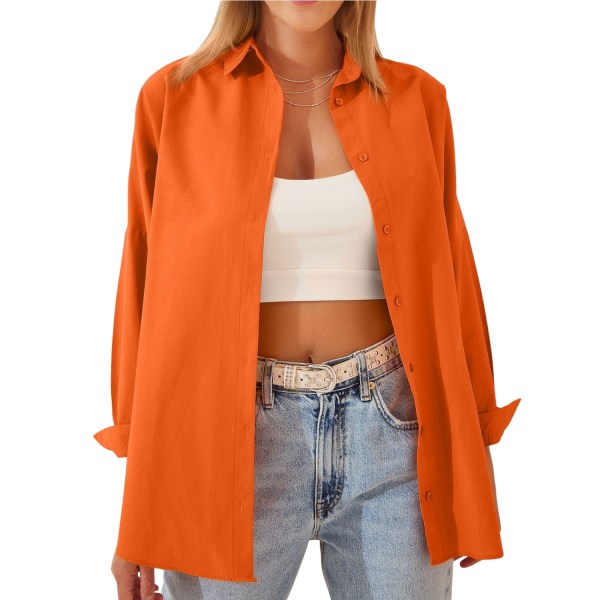 Enfärgad långärmad bomullsskjorta för kvinnor Orange S