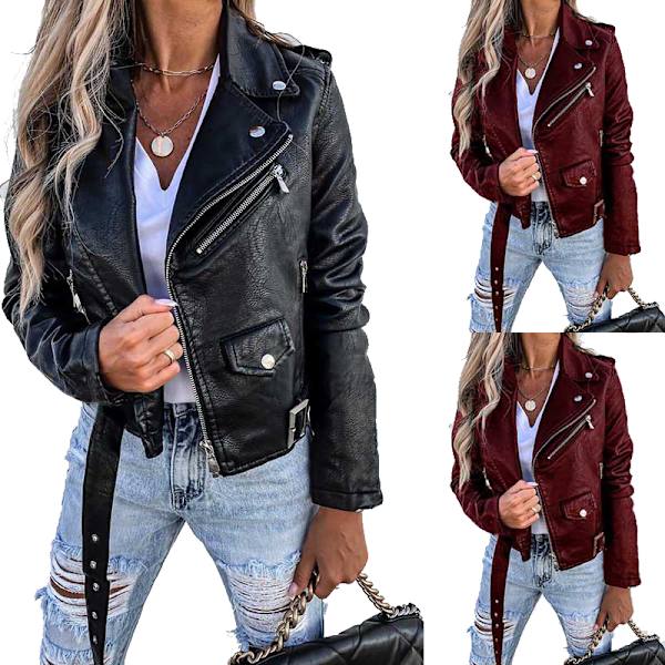 Kvinnors konstläderjacka, dragkedja, motorcykelkort PU-jacka Wine Red L