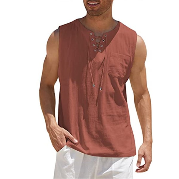 Herre Bomuld Linned Tank Top Skjorter Afslappet Ærmeløs Snøre Toppe coffee 4XL