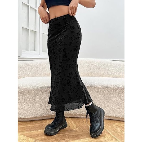 Lettuce Trim Høy Midje Mesh Fishtail Bodycon Langt Skjørt for Kvinner black M