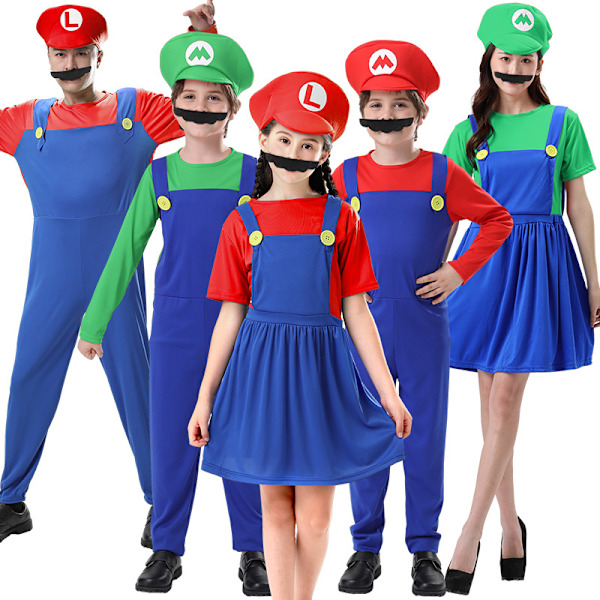 Mario-kostyme for menn, Super Mario-kostyme for barn og voksne Red-Girl XL