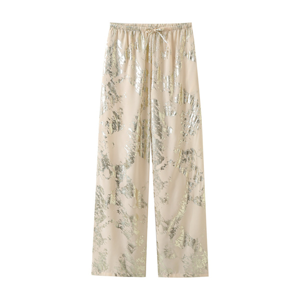 2024 Kvinders Alsidige Afslappet Mid Waist Sagging Bukser Metal Trykt gold M