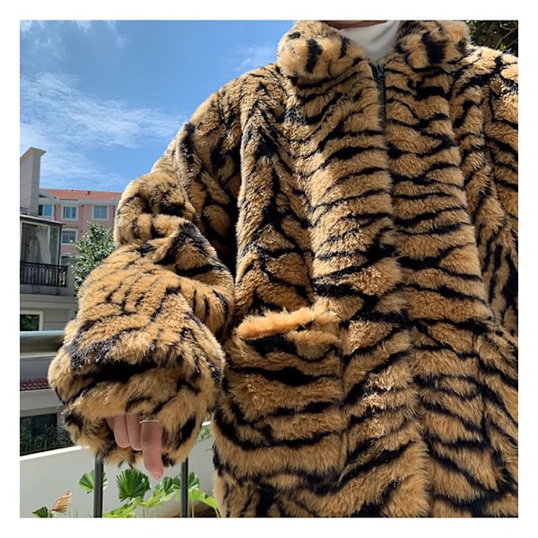 Mænds Vinter Kunstpelsjakke Tiger Print Oversize Yderbeklædning Yellow M