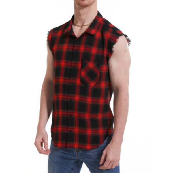 Ärmlös Skjorta för Män med Knappar, Rutig Casual Flanellväst red L