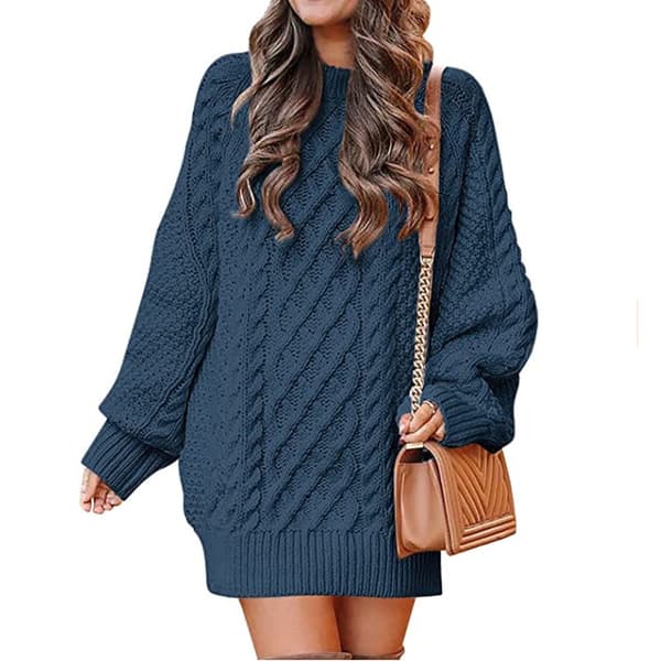 Dame Rund Hals Langærmet Sweater Kabelstrik Casual Løs Pasform Pullover Efterår Vinter Sweatre Blue M