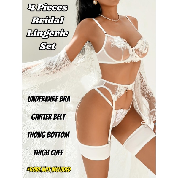 Blomsterbrodert, Underwire, G-streng, Strømpebånd, 4-delt Lingeri White L