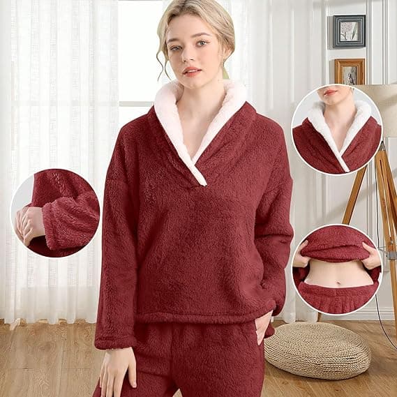 Mjuk och mysig ulltröja pyjamasset för kvinnor Red M