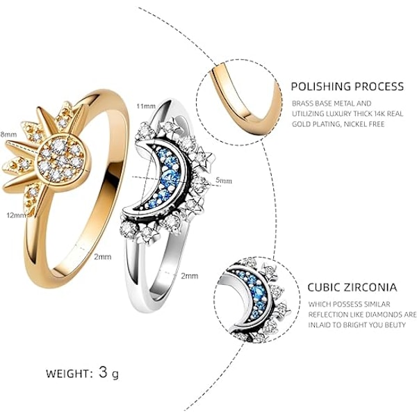 Celestial Sol och Måne Ringsats, Glittrande Solring/Blå Måne Ring Sliver 6