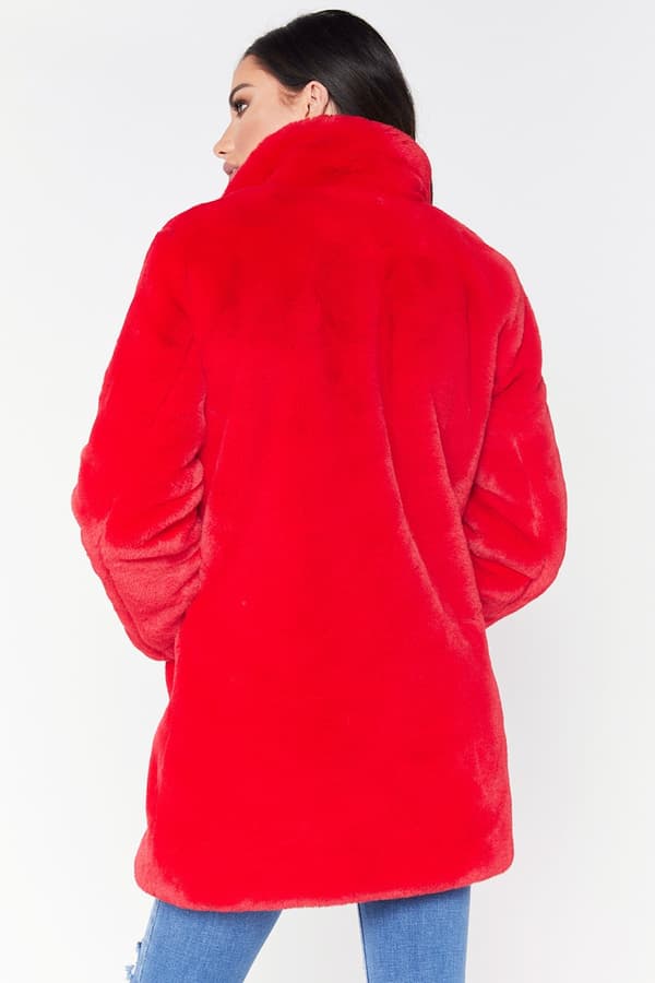 Varm vinterjacka för kvinnor med fuskpälskrage, innerfoder och knappar Red XL