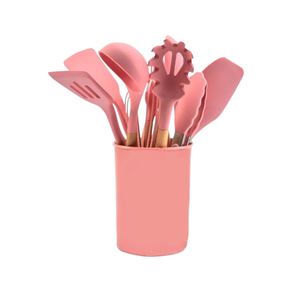 Silikonköksredskap 12-delar med trähandtag - Matlagning Pink