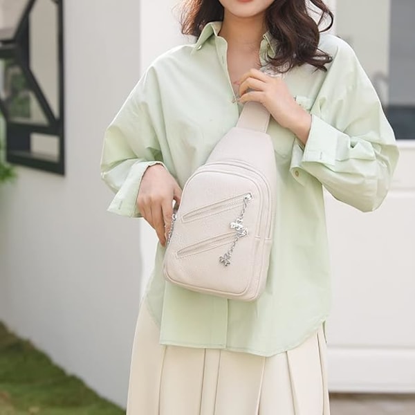 Mjukt läder casual dam crossbody väska bred axelrem sport PU läder axelväska dam bröstväska bröstväska multi fack midje bälte väska White