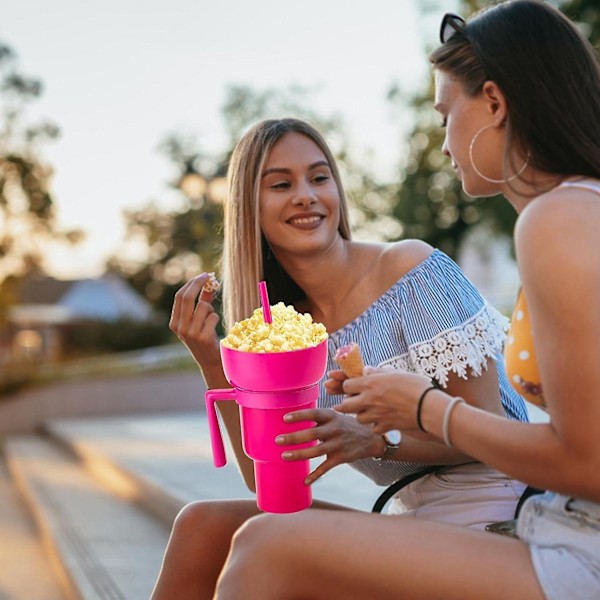 Snack- och dryckkopp 2-i-1 popcornhink dryck juice sugrör kopp popcorn cola hink allt-i-ett vattenkopp hem bärbar kreativ kopp Pink