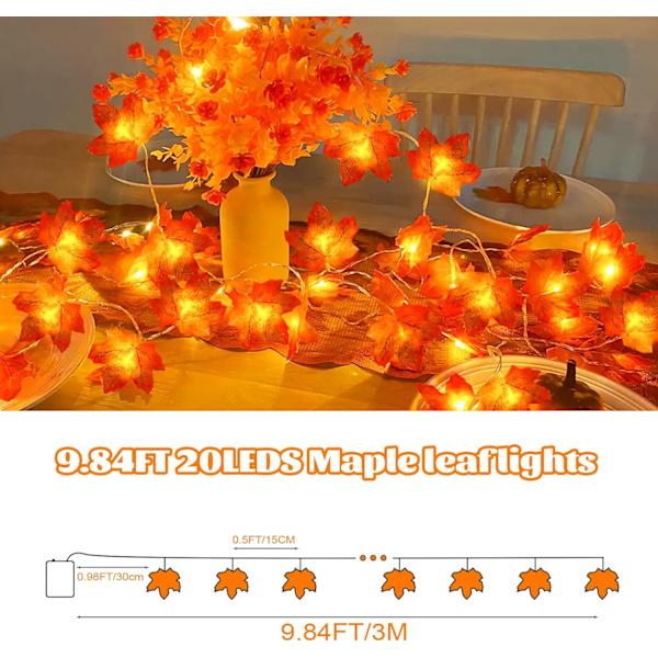 Lönnlöv Pumpa Ljussträng 3M 20 LED Höst Dekorativt Ljus, Perfekt för Thanksgiving, Halloween, Juldekoration, Ringrum Uterum Simulerad Lövsträng Ljus