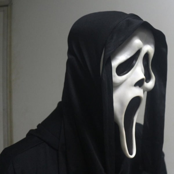 Halloweenmask, demonskrik, grimasmask, rolig dödsmask, skrämmande skelettmask, vargmord mask, påskskräck, svart mantel, dödsgud, skelettmask