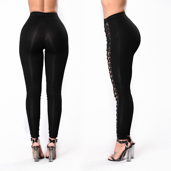 Sexiga leggings med snörning för kvinnor, slim fit, synliga ben, rumplyft, smala och små ben, spets fram, ihåliga träningsleggings, svart (M) m