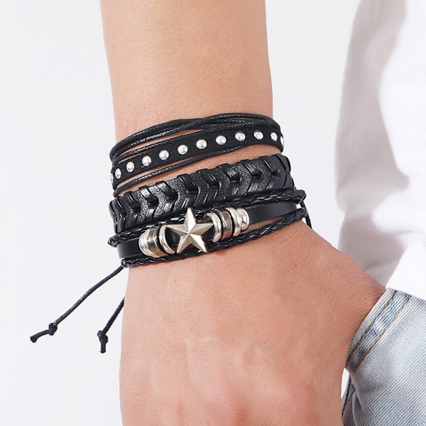 Nya tillbehör personlighet handgjorda läderarmband enkelt flerlagers DIY 6-delars set kombination pojke flicka punk smycken dödskallearmband svart