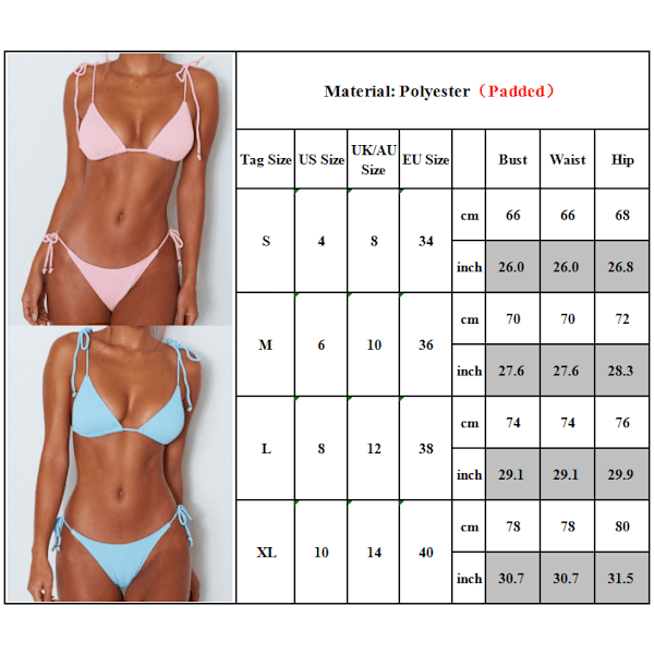 Kvinnors Push Up Vadderad Bikini Set med rep Strappy Baddräkt Badkläder Blå M Blue