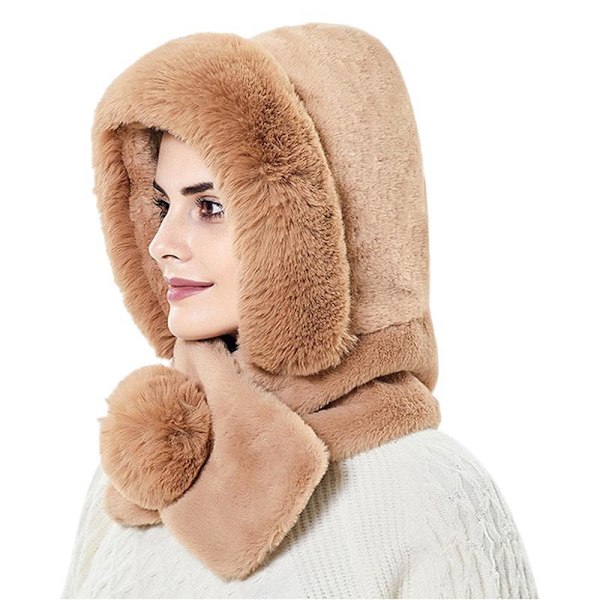 Höst- och vintervarm halsduk för kvinnor, plyschhalsduk, ett stycke huvudbonad, öronvärmare, vindtät ridning, mjuk och fluffig hatt Kahki