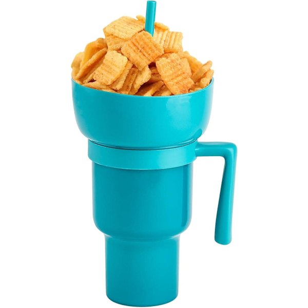 Snack- och dryckkopp 2-i-1 popcornhink dryck juice sugrör kopp popcorn cola hink allt-i-ett vattenkopp hem bärbar kreativ kopp Blue