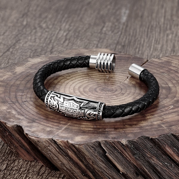 Titan stål läderarmband Herrarmband smycken Harley Biker Armband Handgjort Herrarmband i Mjukt Svart Läder och Rostfritt Stål