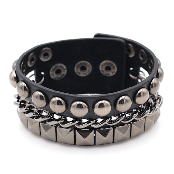 Svart läderarmband i retro-stil med tre lager metallkedja och nitar silver