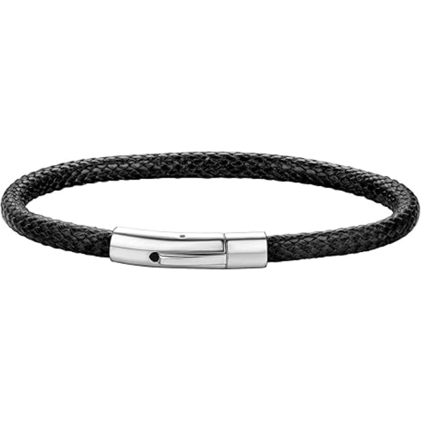 Flätat läderarmband för män, 5 mm armband med lås i rostfritt stål, 21 cm
