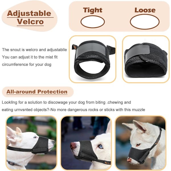 Hundmunstycke, Mjukt nylon Anti Biting Skällande Tuggande, Luftnät Mesh Drickbar Justerbar Slinga Husdjur Munstycke, 4 färger 6 storlekar, Svart, XXL