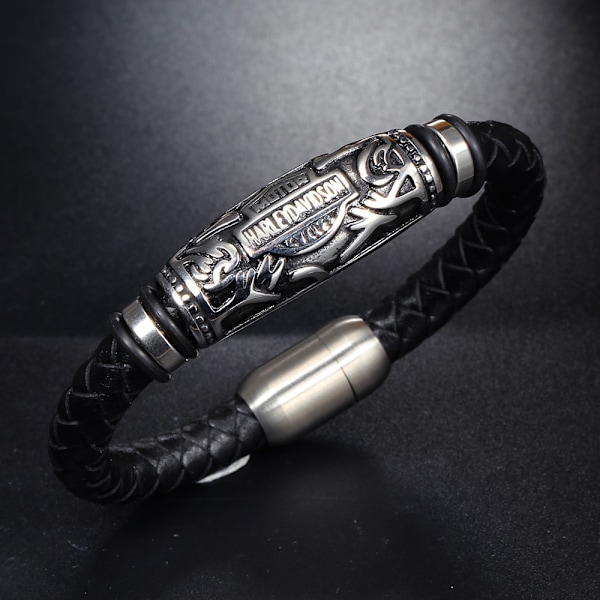 Titan stål läderarmband Herrarmband smycken Harley Biker Armband Handgjort Herrarmband i Mjukt Svart Läder och Rostfritt Stål
