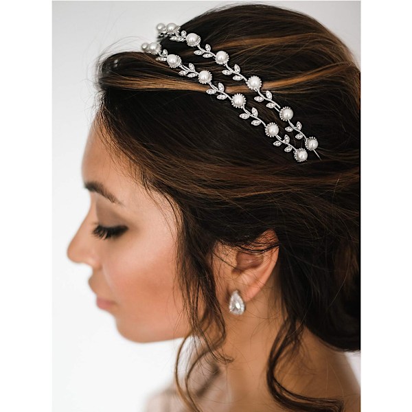 Pärla Bröllopshårband Silver Tiara för brud Huvudstycke Crystal Leaf Dubbelband Bröllopshårtillbehör Smycken Tiaror för kvinnor