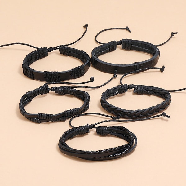 5-pack Handgjorda Läderarmband Herrarmband Sort