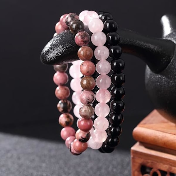 8mm Naturligt stensträngarmband set män och kvinnor Ros Rubin Kvarts Svart Onyx stapelbart pärlarmband manuellt elastiskt armband S