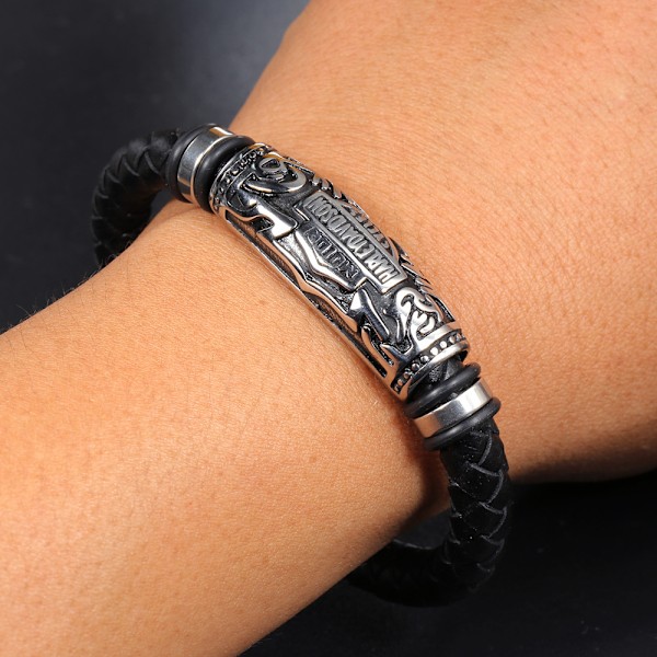 Titan stål läderarmband Herrarmband smycken Harley Biker Armband Handgjort Herrarmband i Mjukt Svart Läder och Rostfritt Stål