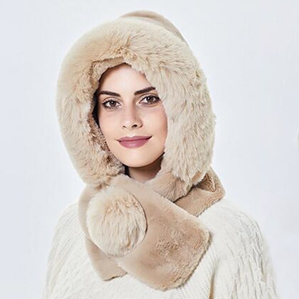 Höst- och vintervarm halsduk för kvinnor, plyschhalsduk, ett stycke huvudbonad, öronvärmare, vindtät ridning, mjuk och fluffig hatt Beige