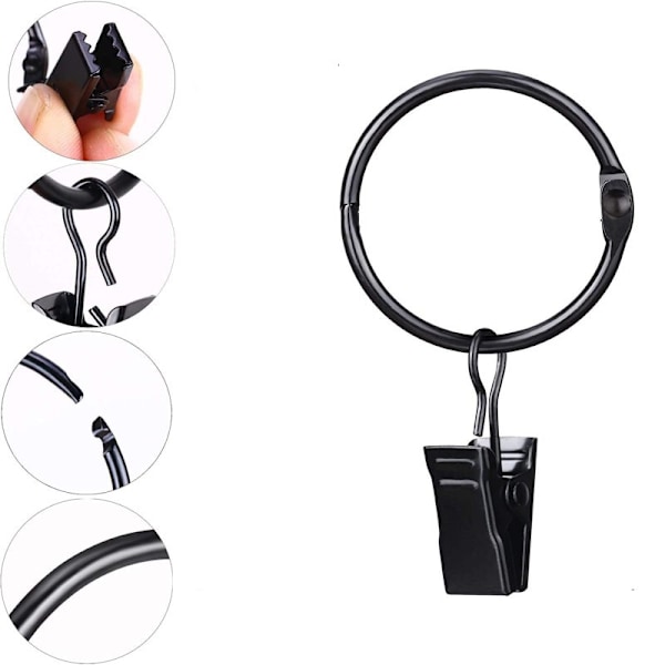 Gardinstångsringar i metall med klämmor, 20-pack, svart 38 mm Sort