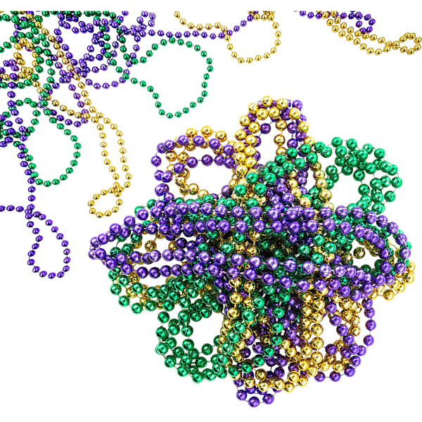 30-pack New Orleans karneval guld grön lila trefärgad pläterad plastpärlor halsband Mardi Gras halsband pärlhalsband