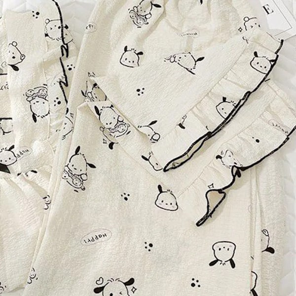 Imitation bomulls bubbelrynkad pyjamas dam långärmad spets tecknad flicka hjärta söta dam hemkläder för vår och höst XL Company Bochako