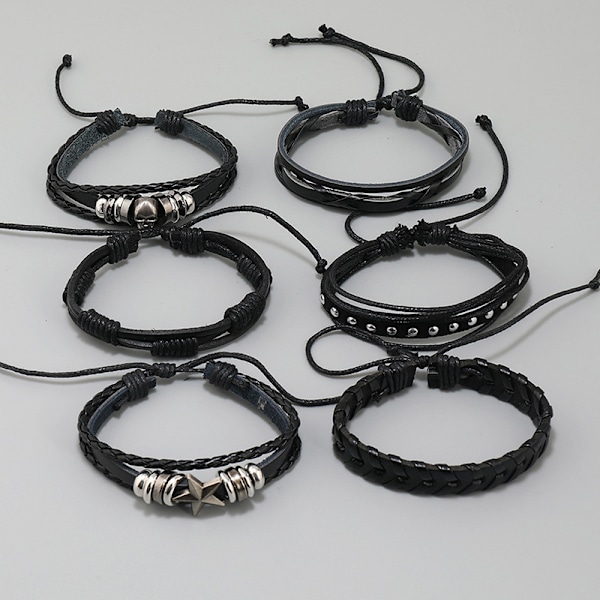 Nya tillbehör personlighet handgjorda läderarmband enkelt flerlagers DIY 6-delars set kombination pojke flicka punk smycken dödskallearmband svart