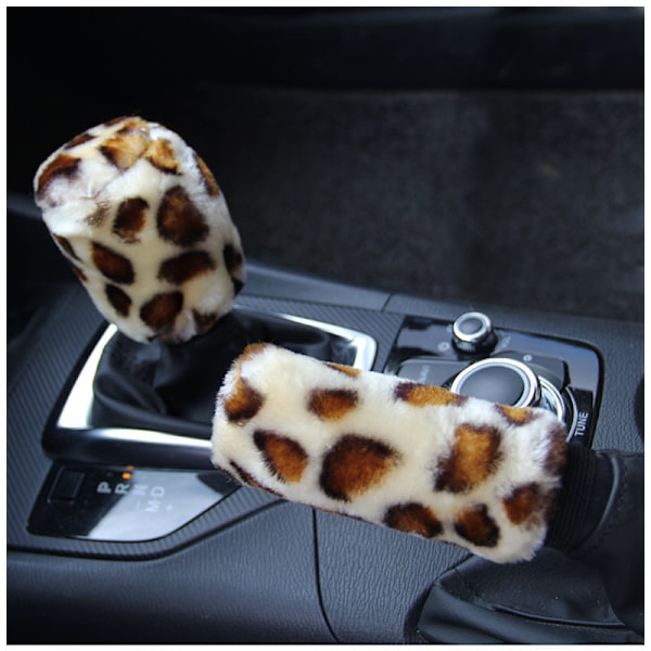 3 st/set Leopard Fluff Plysch Överdrag Vinterbil Leopardplysch virkad elastisk rattmuff, växelspaksmuff, handbromsmuff och greppmuff