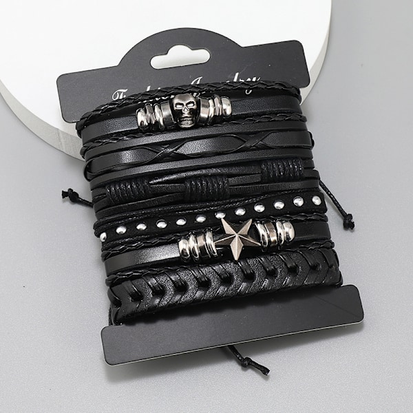 Nya tillbehör personlighet handgjorda läderarmband enkelt flerlagers DIY 6-delars set kombination pojke flicka punk smycken dödskallearmband svart