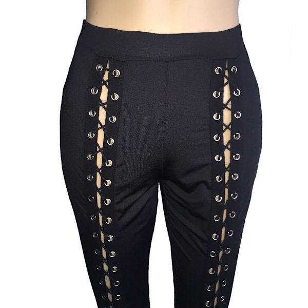 Sexiga leggings med snörning för kvinnor, slim fit, synliga ben, lyfter skinkorna, smala och små ben, spets fram, ihåliga träningsleggings, svart (L) l