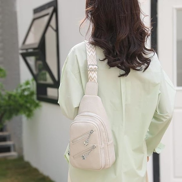 Mjukt läder casual dam crossbody väska bred axelrem sport PU läder axelväska dam bröstväska bröstväska multi fack midje bälte väska White